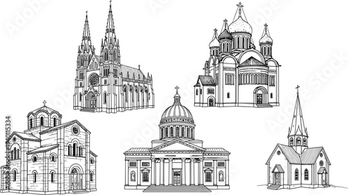 Set of detailed architectural sketches featuring historical cathedrals churches and classic buildings in black and white line art style.
