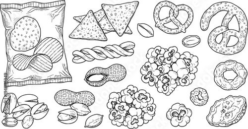 Hand Drawn Snack Food Set Chips Pretzel Popcorn Peanuts Pistachios and Crackers Vector Illustration
