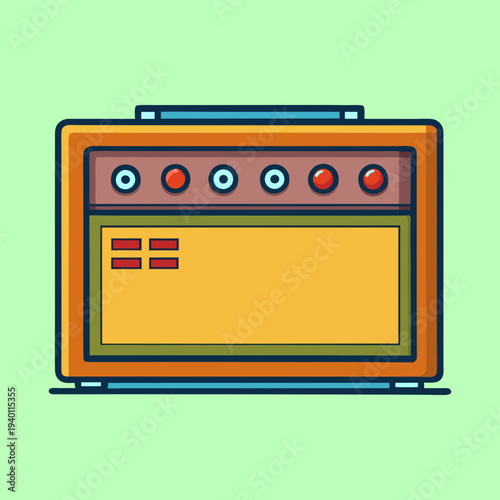A stylized orange and yellow amplifier with red and blue knobs illustration