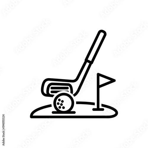 Golf Club and Ball on Green Course with Flag for Recreational Sport