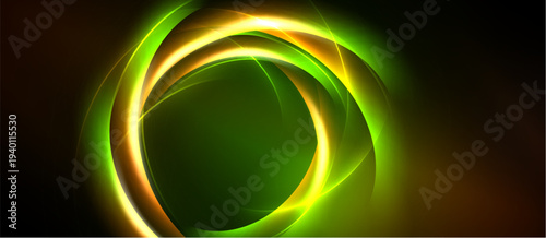 Bright concentric circles glow against dark background. Vivid green, gold hues create dynamic visual effect. Abstract design.