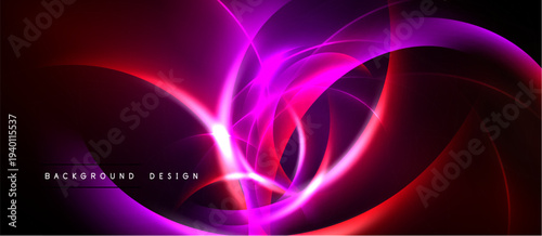 Abstract vibrant design features flowing curves, bright magenta, red hues. Dynamic energy radiates from central point. Modern, stylish background.