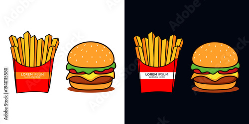 Delicious fast food combo featuring crispy fries and juicy burgers on white and black backgrounds, perfect for restaurant menus, food advertising, and marketing materials