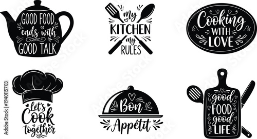 Kitchen Quote Lettering Badges Cooking with Love Good Food Typography Vector Illustration Set
