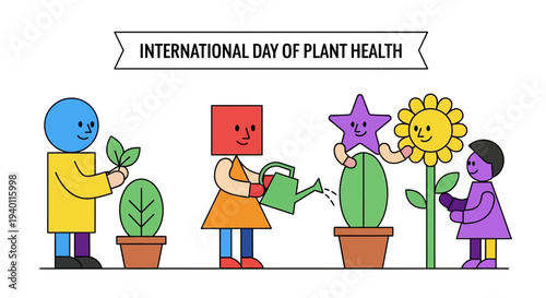 People celebrating International Day of Plant Health with plants and flowers in a vibrant illustration