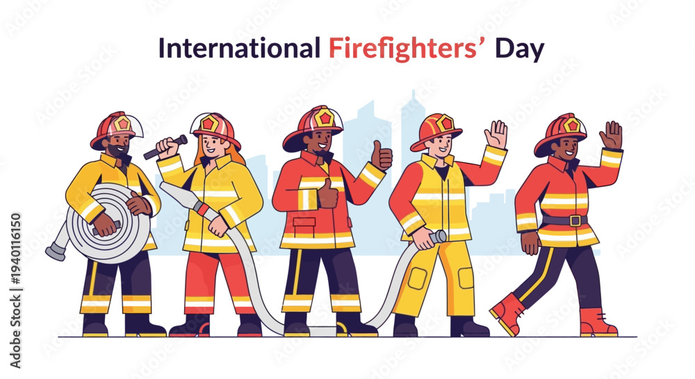 Fototapeta premium Firefighters in action celebrating International Firefighters' Day with equipment and uniforms