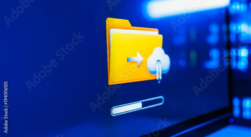 Data transfer concept showing a yellow folder uploading files to a cloud icon with a progress bar on a digital blue screen.