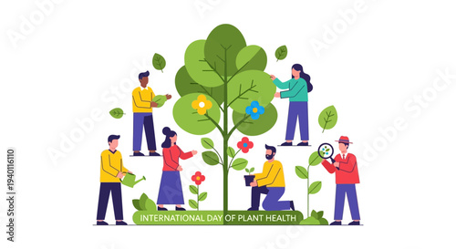 Diverse People Nurturing a Large Green Tree Representing Plant Health from Various Angles in a Bright Environment