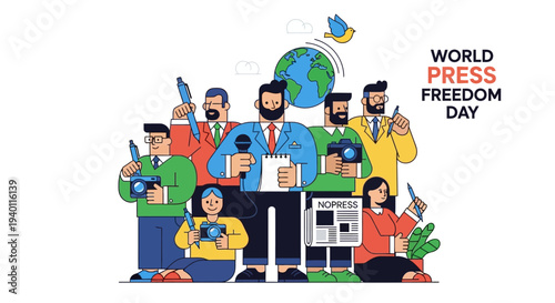 Diverse group of journalists celebrating World Press Freedom Day with globe and media icons