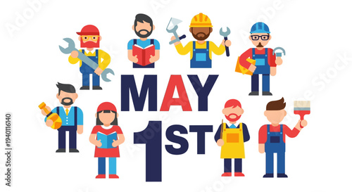 Celebrating May 1st with diverse workers in joyful illustration