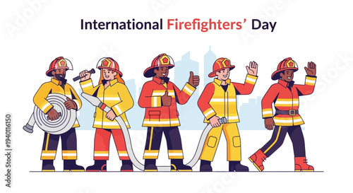 Firefighters in action celebrating International Firefighters' Day with equipment and uniforms