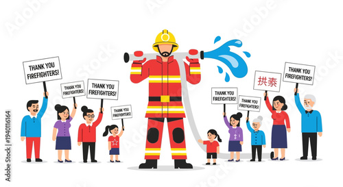 Firefighter in uniform standing with people holding thank you signs, vector illustration