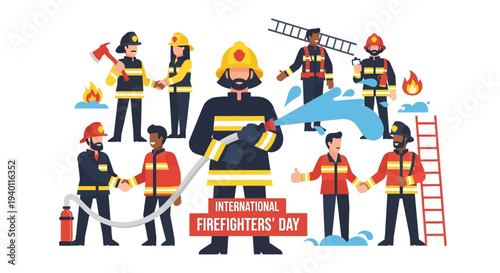 International Firefighters Day illustration featuring firefighters in action with equipment and ladder