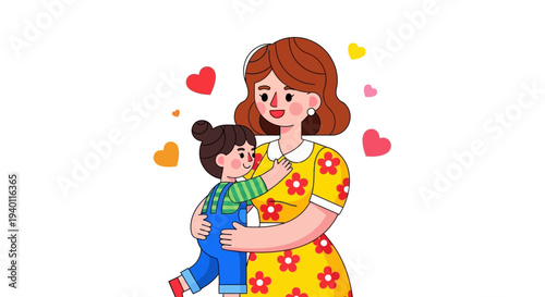 A mother tenderly holding her child surrounded by hearts in a warm illustration