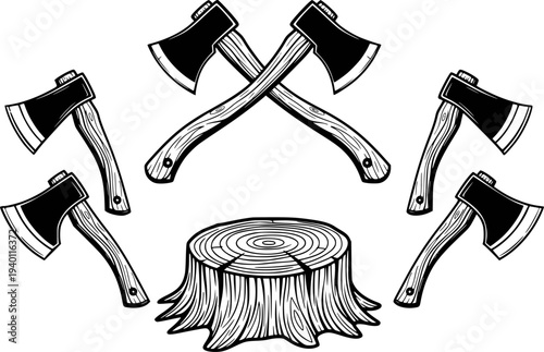 Vintage Crossed Axes and Tree Stump White Background wood