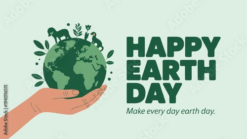 Hand holding green earth globe with leaves happy earth day eco friendly concept on light green background