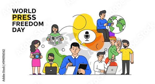 Diverse people celebrating global press freedom day with various media, technology, and communication elements around the world