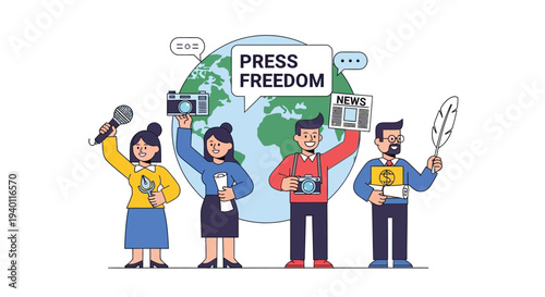Global Journalists Celebrating Press Freedom with Cameras and Microphones Around the World in a Vibrant Illustration
