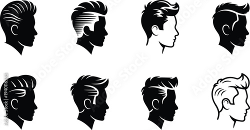 Black male hairstyle silhouette vector illustration, modern haircut profile artwork, stylish hair design concept, barber fashion outline, men’s grooming icon set