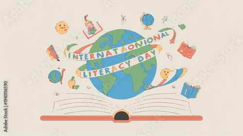 International literacy day globe on open book with colorful icons and symbols around it on beige background