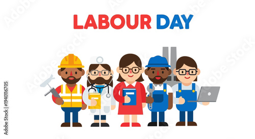 Diverse group of workers celebrating Labour Day together in a vibrant illustration
