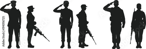 Black soldier silhouette vector illustration, military salute and rifle stance, army personnel artwork, defense forces design, tactical combat outline, war discipline concept