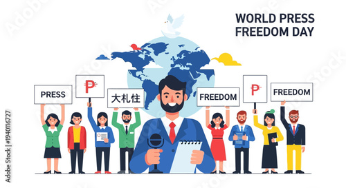 Diverse group of people celebrating World Press Freedom Day with banners and microphones around a central figure