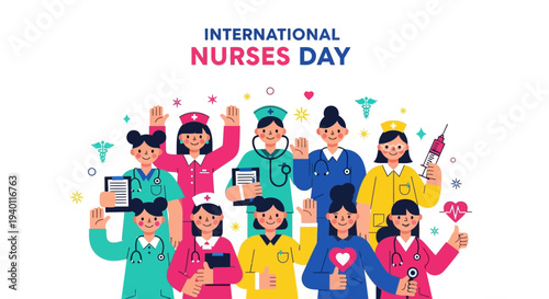 Diverse group of nurses celebrating International Nurses Day with enthusiasm and joy in a vibrant illustration