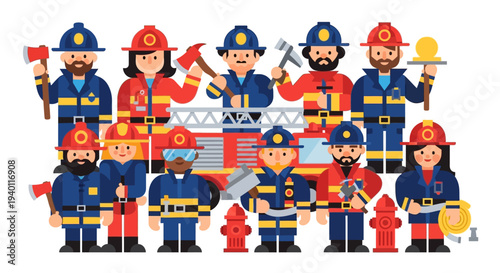 Firefighters in uniform posing with equipment in front of a fire truck illustration