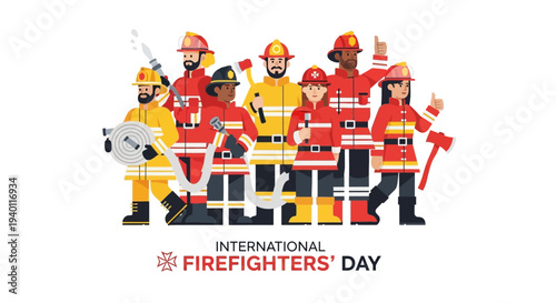 International Firefighters Day celebration illustration featuring diverse firefighters with equipment