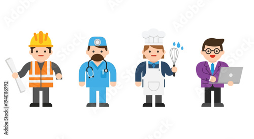 Diverse professions illustration featuring workers from various industries and occupations in a flat design style