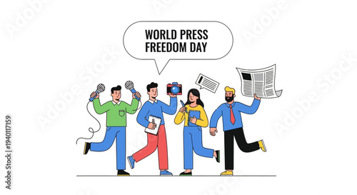 People celebrating World Press Freedom Day with newspapers and cameras in a joyful illustration