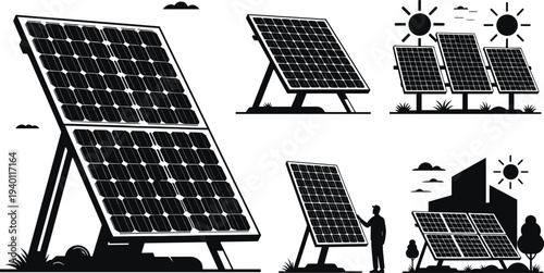 Illustration of solar panel arrays in diverse environments, renewable energy technology, photovoltaic cells, sustainable electricity generation, eco-friendly power solutions