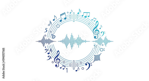 Circular Teal Music Staff Frame with Notes on White Background