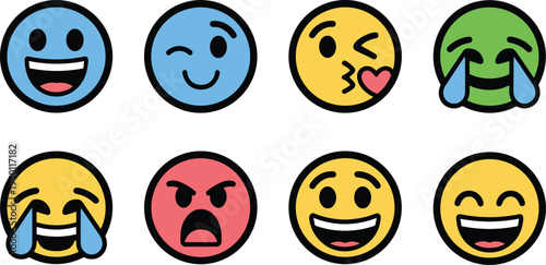 Colorful emoji face vector illustration, expressive emotion artwork, digital communication symbol design, happy sad angry love icons, playful reaction graphic element