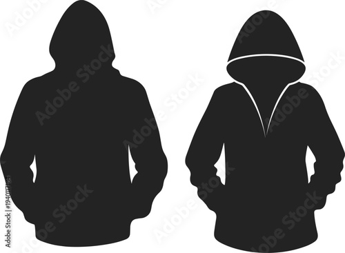 Black hoodie silhouette vector illustration, hooded sweatshirt fashion design, casual streetwear clothing style, urban apparel concept, trendy garment outline, modern hoodie artwork
