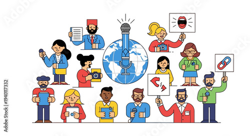Diverse group of people from around the world united holding signs and devices near a global map illustration