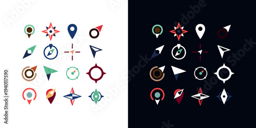 Versatile navigation icons collection in multiple colors and styles on contrasting backgrounds for web and mobile applications