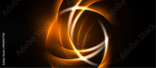 Abstract swirling lights create dynamic energy. Warm orange hues dominate dark background. Circular motion suggests flow, depth.