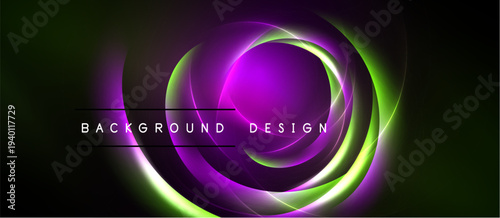 Abstract design features vibrant concentric circles. Green, purple hues blend into dark background. Text reads background design.