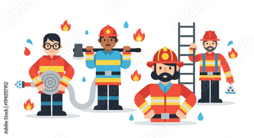 Firefighters responding to emergency with equipment and ladder amidst flames