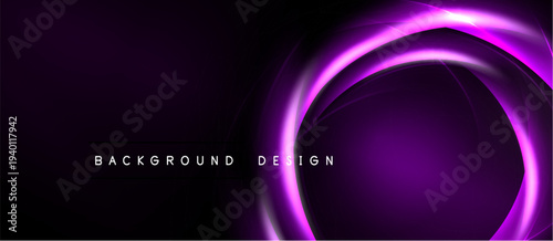 Dark purple background features glowing circular shapes. Modern design elements create dynamic visual impact. Minimalist aesthetic.