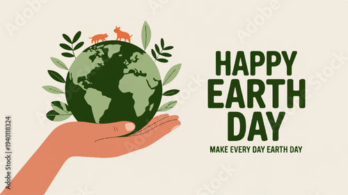 Hand holding green earth globe with leaves and flowers happy earth day eco friendly concept