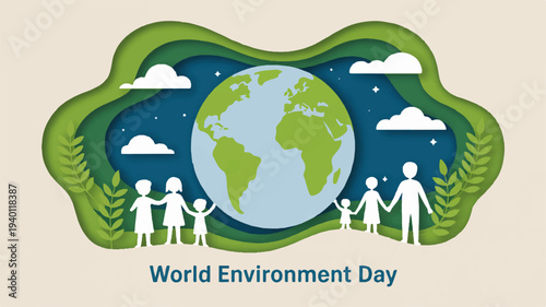 World environment day illustration with diverse people holding hands around the earth with green continents on blue background with clouds and plants