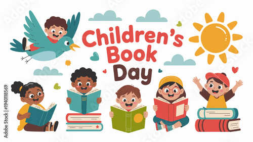 Diverse children reading books on children's book day with bird and sun