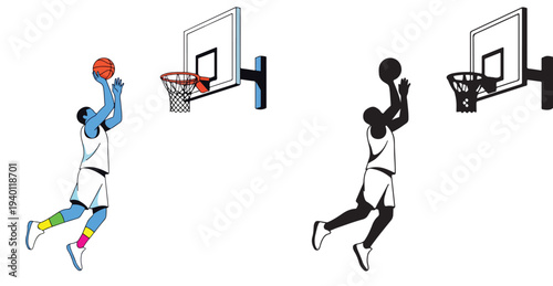 A set of person making a basketball shot at the hoop, flat vector illustration, clean minimalist design, white background.