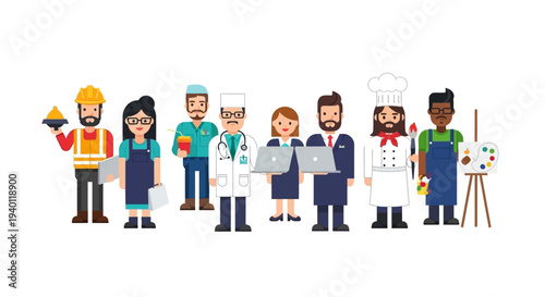 Diverse Professionals Including Artists, Chefs, and Builders Standing Together in Various Occupations and Uniforms from Different Industries
