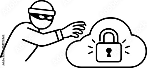 Cybersecurity Threat Line Art Illustration with Hacker and Locked Cloud Icon. Minimalist Icon depicting data breach attempt on secure cloud storage.