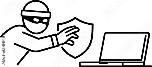Minimal Line Art Illustration of a Hacker with Shield and Laptop, Representing Cybersecurity and Data Protection. Minimalist Icon for Online Security and Privacy.
