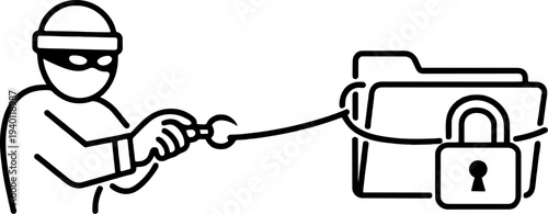 Hacker stealing data from locked folder Minimal Line Art Illustration. Cybercrime, data security breach, and privacy concept.